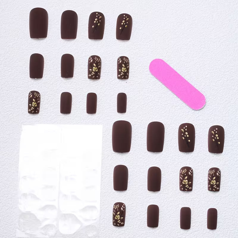 24pcs Square with Matte Floral Embossed Press-On Nails Set.