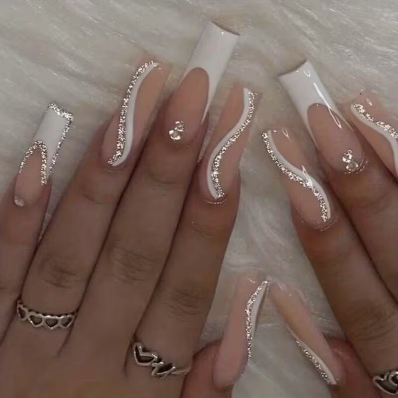 24pcs Strobe-Finish Pink Ballet Rhinestone Nails Set.