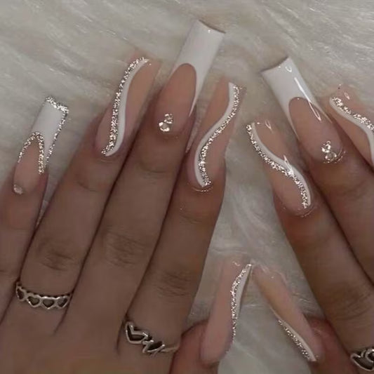 24pcs Strobe-Finish Pink Ballet Rhinestone Nails Set.