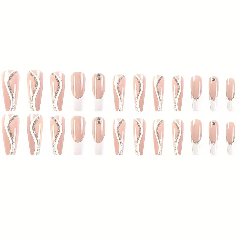24pcs Strobe-Finish Pink Ballet Rhinestone Nails Set.