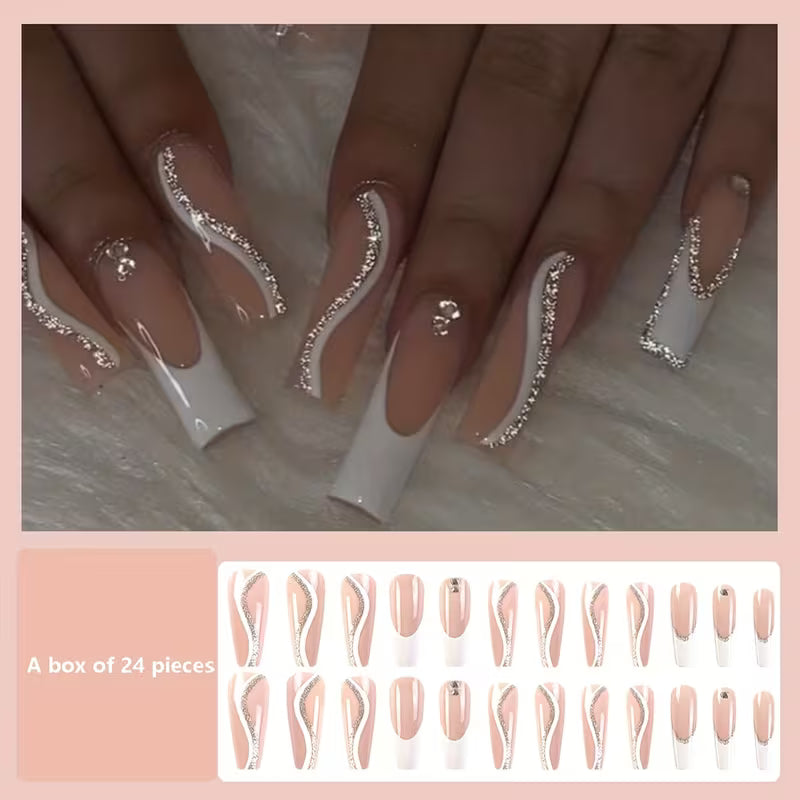 24pcs Strobe-Finish Pink Ballet Rhinestone Nails Set.