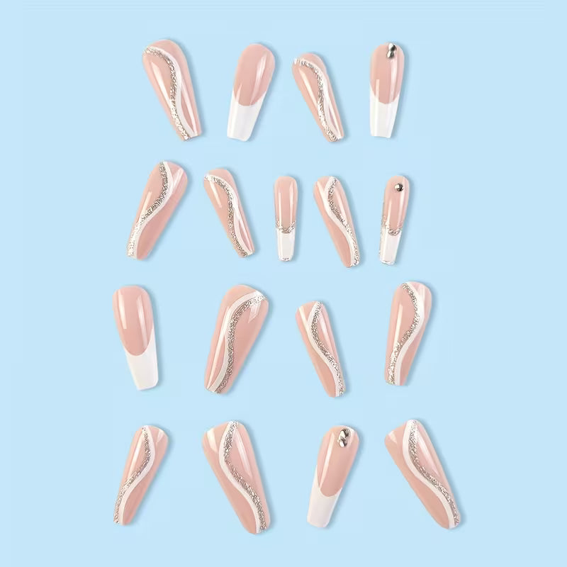 24pcs Strobe-Finish Pink Ballet Rhinestone Nails Set.