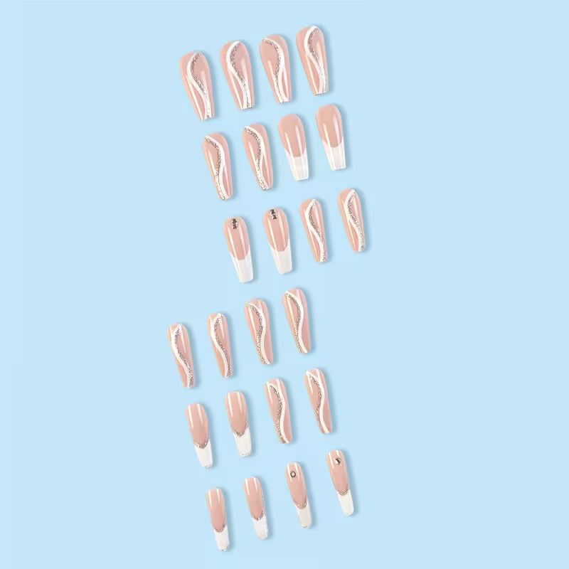 24pcs Strobe-Finish Pink Ballet Rhinestone Nails Set.