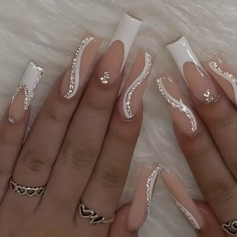 24pcs Strobe-Finish Pink Ballet Rhinestone Nails Set.