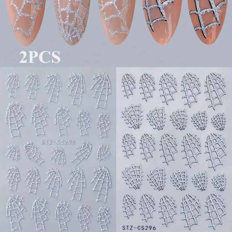 2pcs Halloween Glitter Spider Web Nail Art Stickers.