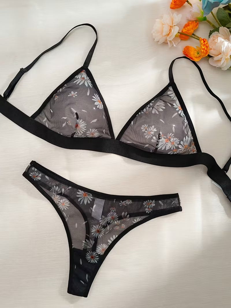 2pcs Mesh Print Triangle Cup Thong Set.