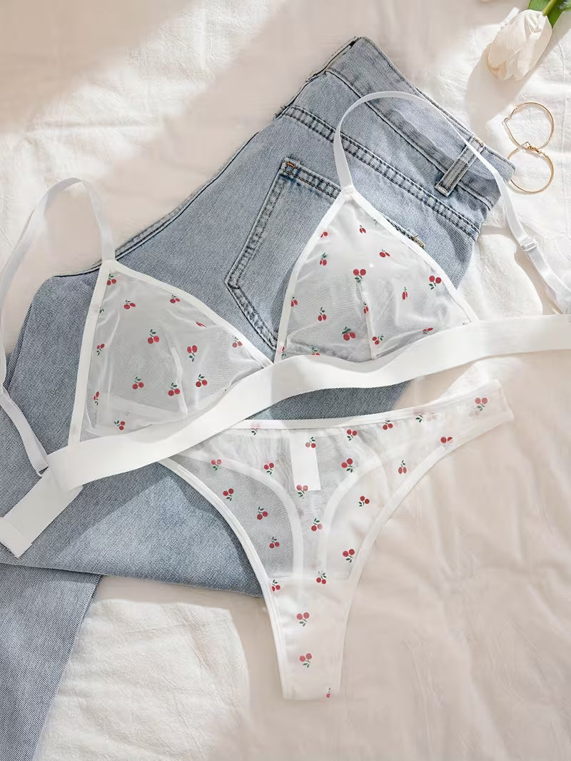 2pcs Mesh Print Triangle Cup Thong Set.