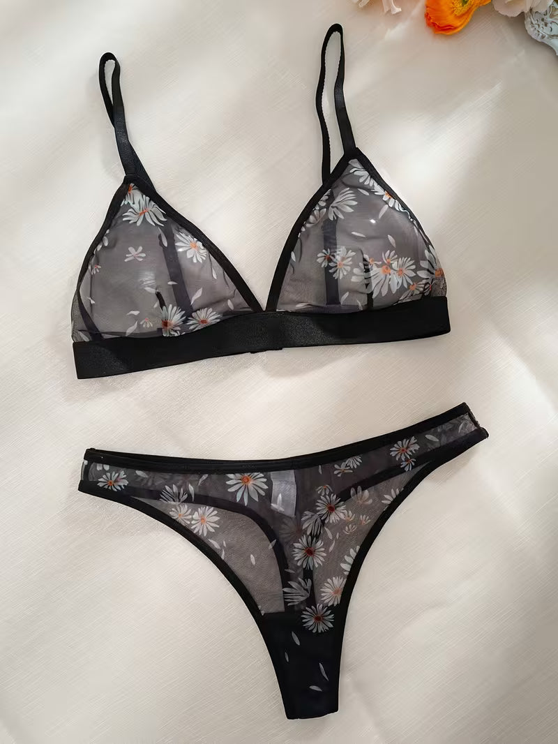 2pcs Mesh Print Triangle Cup Thong Set.