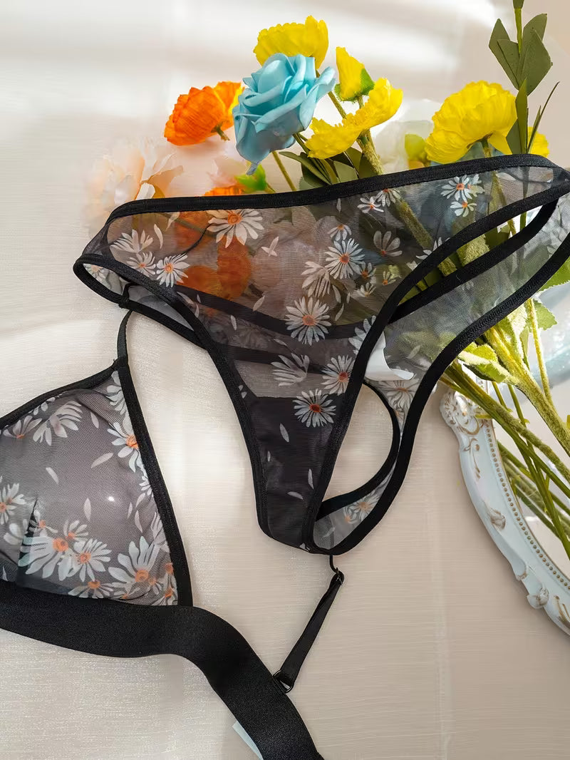 2pcs Mesh Print Triangle Cup Thong Set.