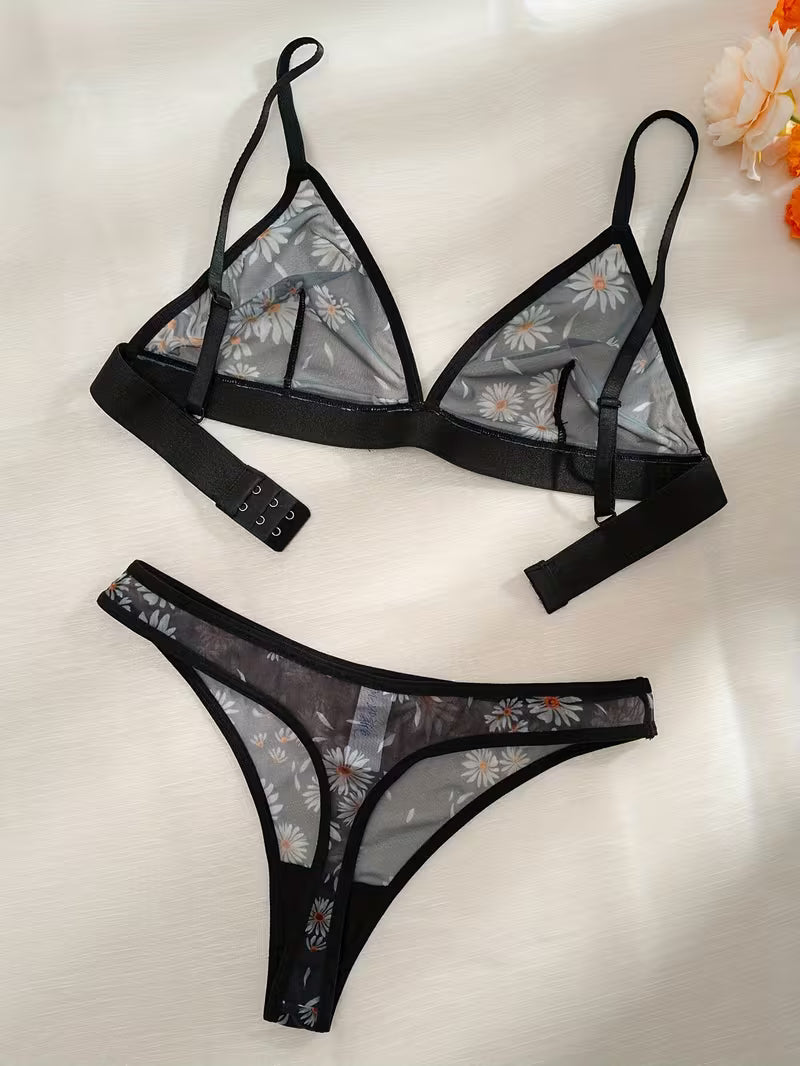 2pcs Mesh Print Triangle Cup Thong Set.