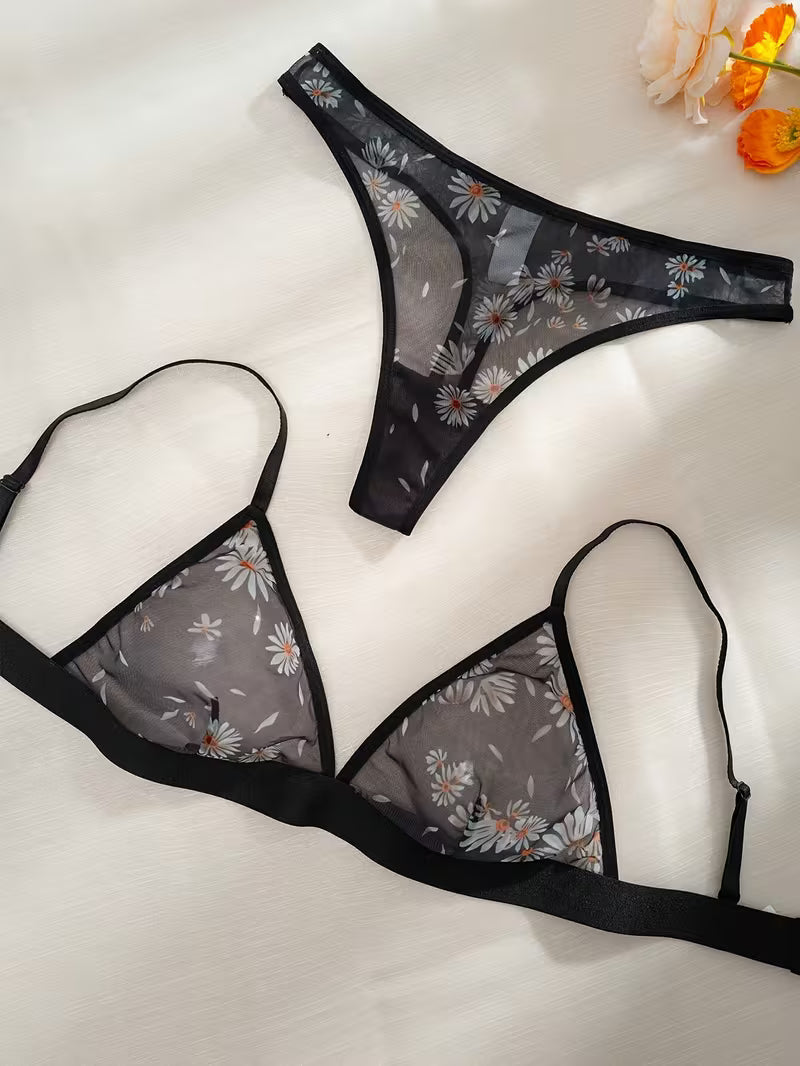 2pcs Mesh Print Triangle Cup Thong Set.