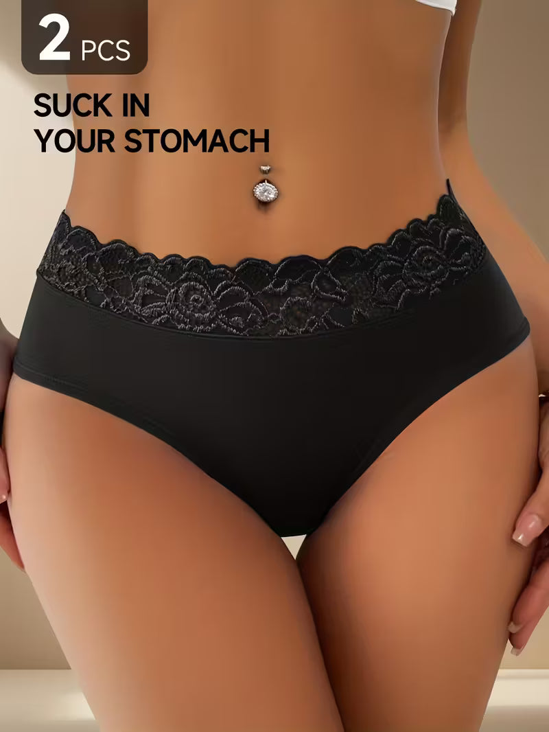 2pcs Solid Color Lace-Trimmed Briefs.