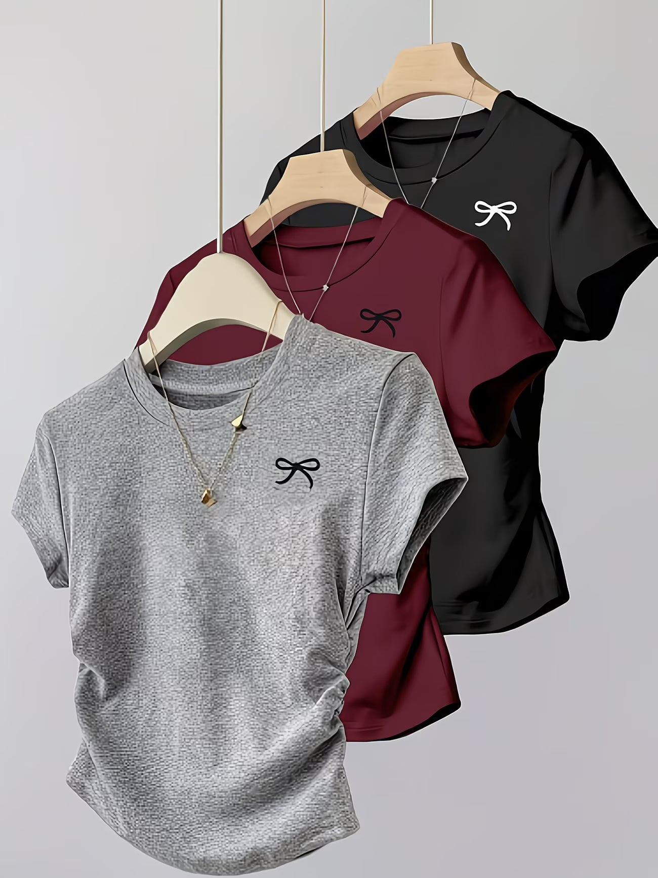 3-Pack Casual Bow-Print V-Neck Tees.