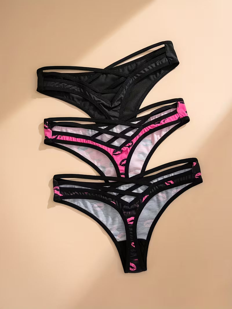 3-Pack Lip Print Back Crisscross Thong.