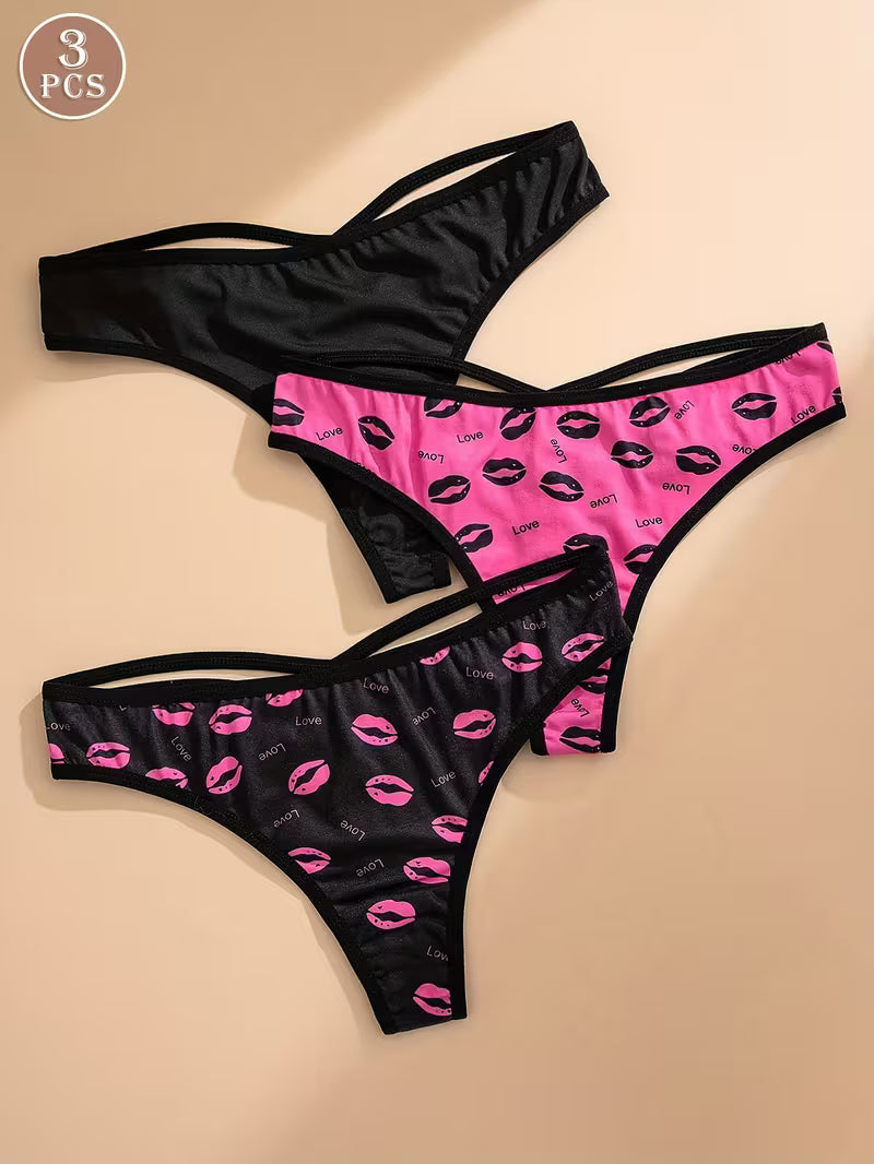 3-Pack Lip Print Back Crisscross Thong.