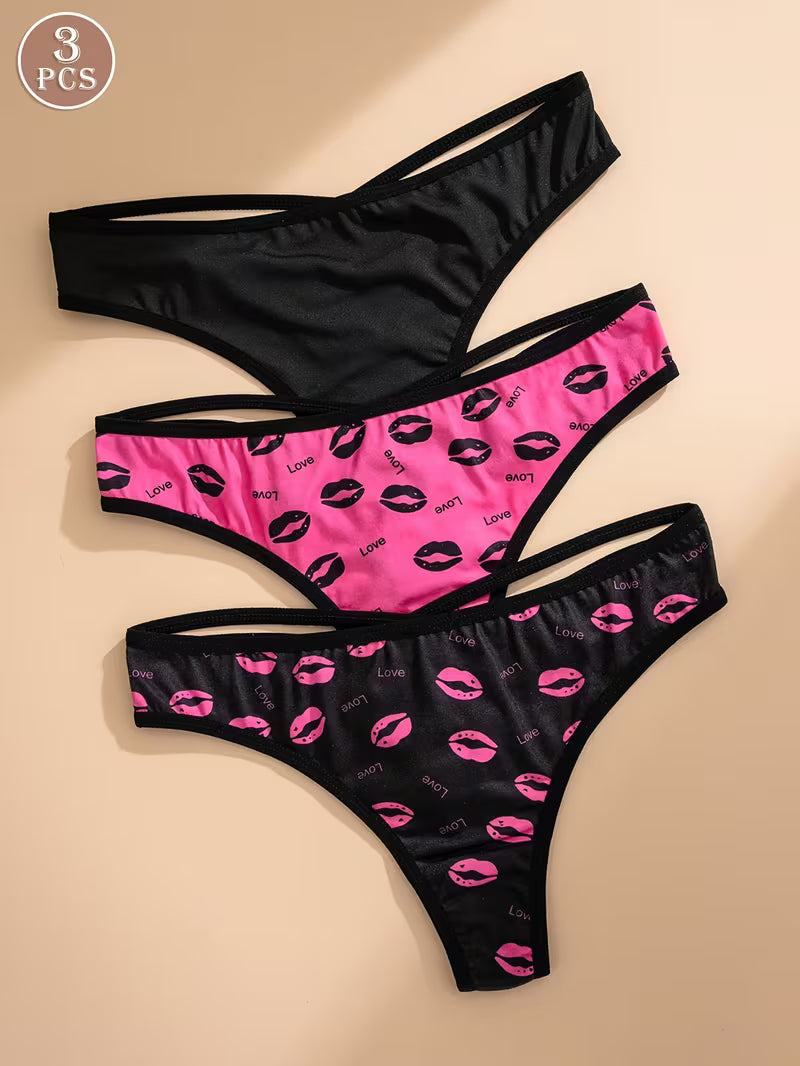 3-Pack Lip Print Back Crisscross Thong.