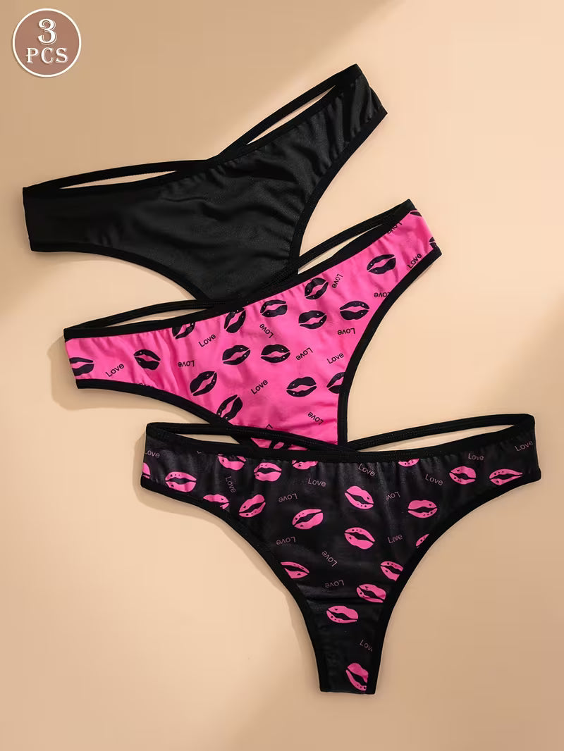 3-Pack Lip Print Back Crisscross Thong.