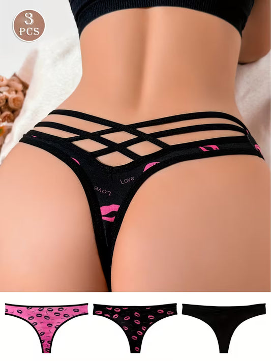3-Pack Lip Print Back Crisscross Thong.