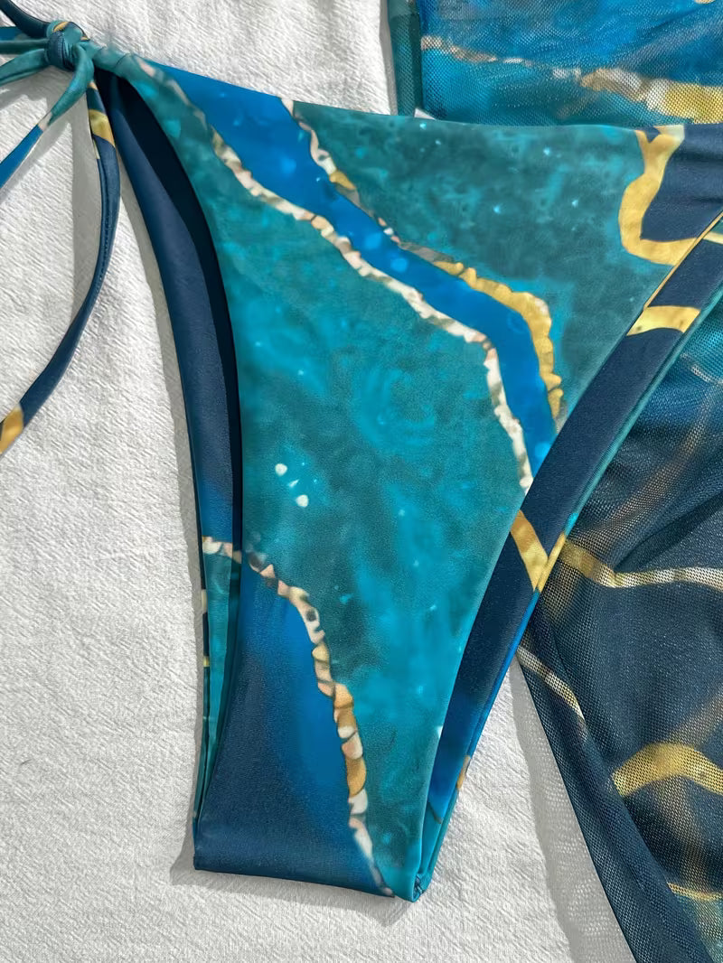 3-Piece Marble Print Bikini Set.