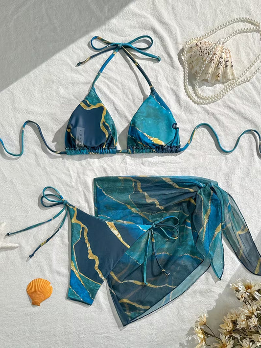 3-Piece Marble Print Bikini Set.