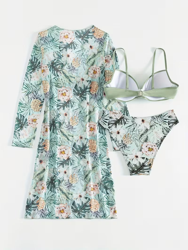 3pcs Floral Print Push-Up Bikini Set.