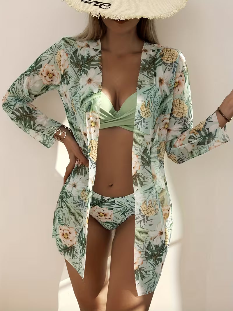 3pcs Floral Print Push-Up Bikini Set.