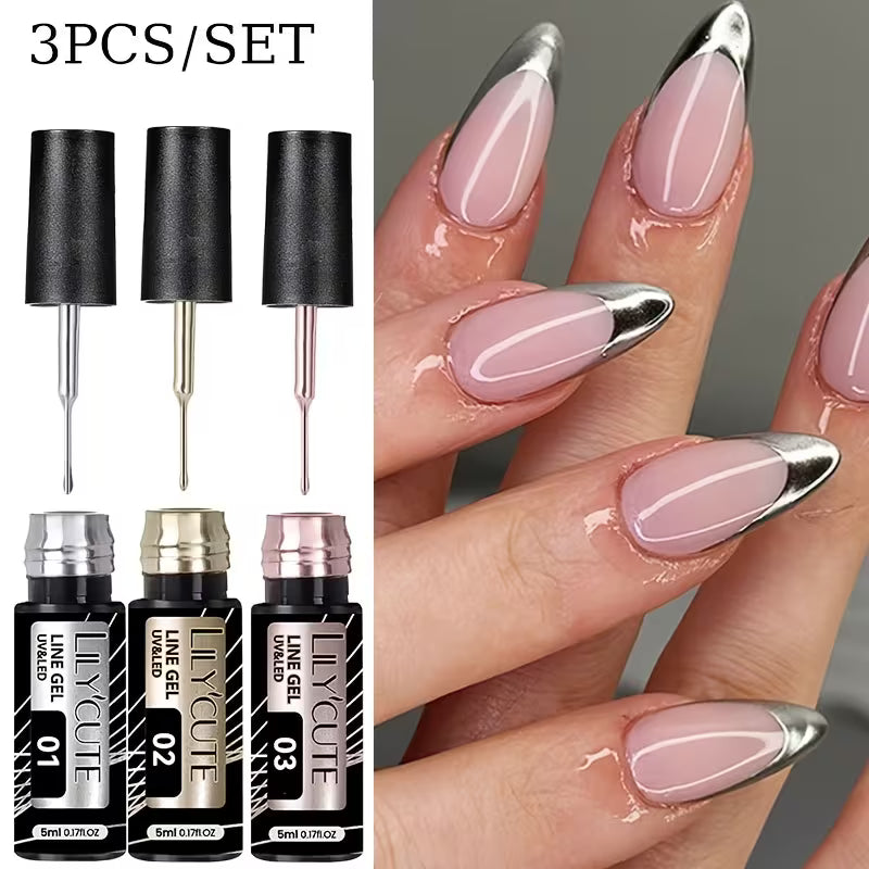 3pcs/SET 5ml Metallic Liner Nail Gel Polish Super Bright Mirror Pull Line.