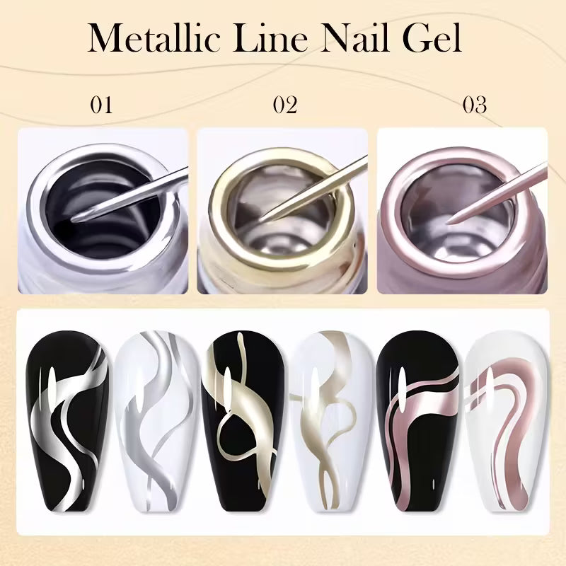 3pcs/SET 5ml Metallic Liner Nail Gel Polish Super Bright Mirror Pull Line.