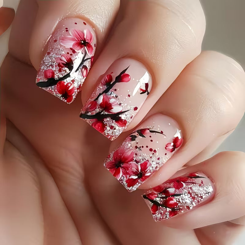 4 Sets of 96pcs Colorful Small Flower Fake Nail Sets.