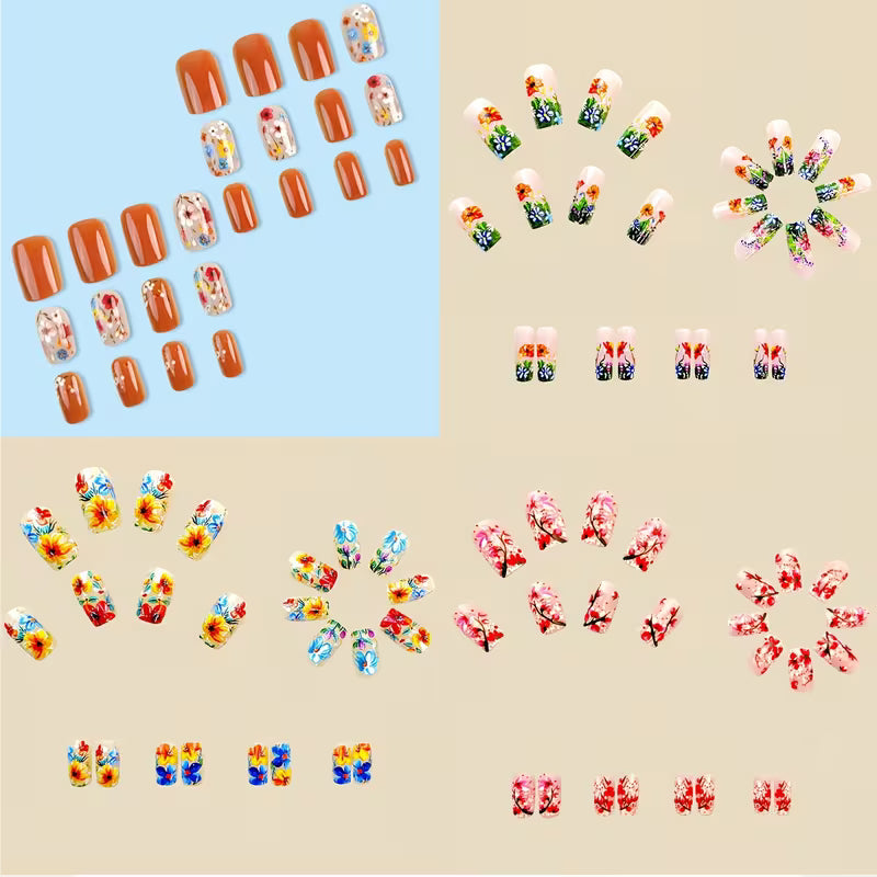 4 Sets of 96pcs Colorful Small Flower Fake Nail Sets.