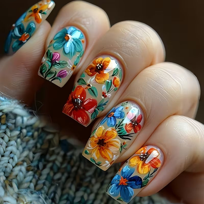 4 Sets of 96pcs Colorful Small Flower Fake Nail Sets.