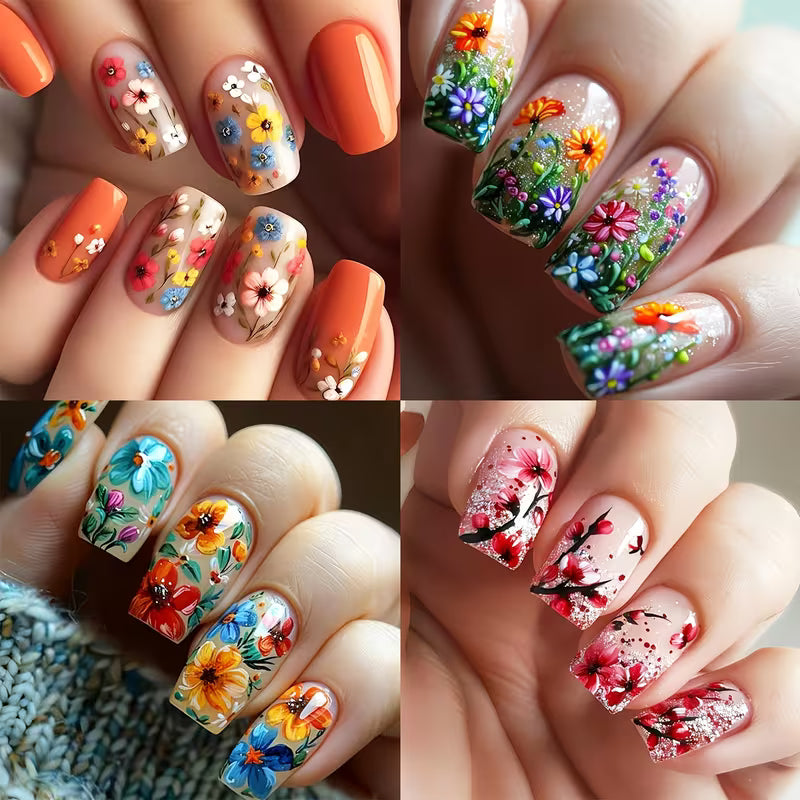 4 Sets of 96pcs Colorful Small Flower Fake Nail Sets.