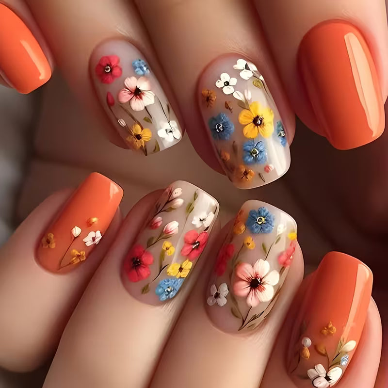 4 Sets of 96pcs Colorful Small Flower Fake Nail Sets.