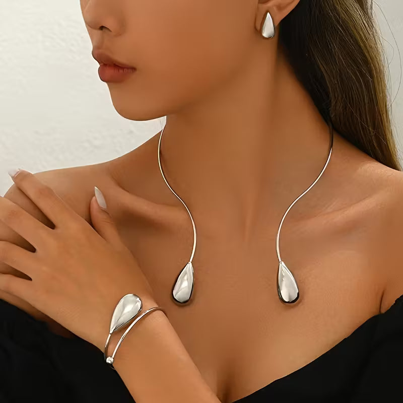 4pcs Elegant Geometric Glossy Drop Earrings, Bracelet and Necklace.