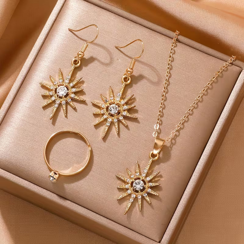 4pcs Elegant Sun Pendant Jewelry Set Luxurious Rhinestones.