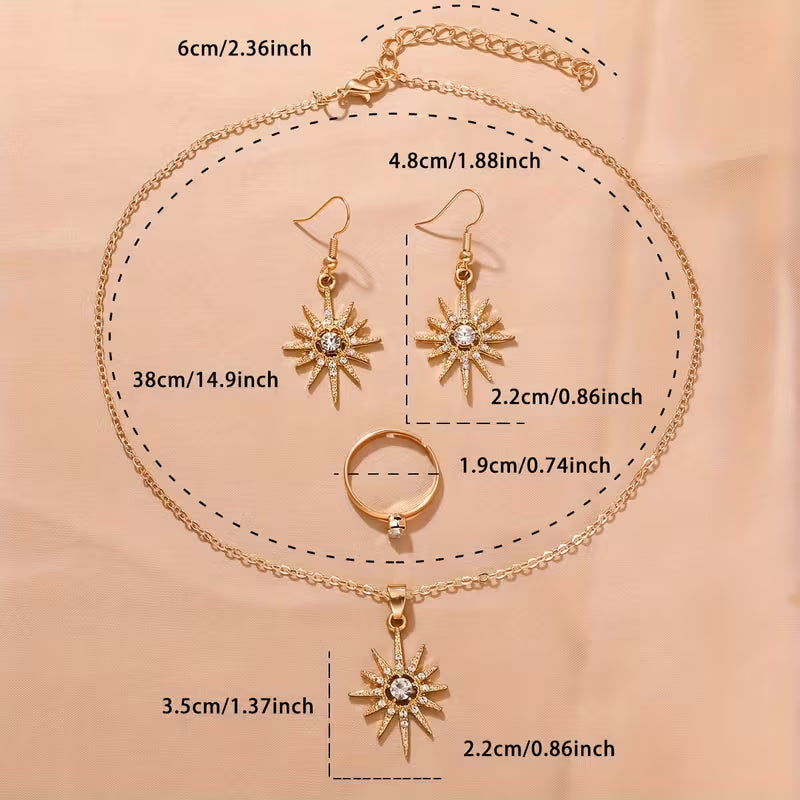 4pcs Elegant Sun Pendant Jewelry Set Luxurious Rhinestones.