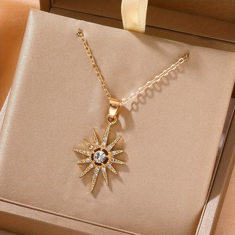4pcs Elegant Sun Pendant Jewelry Set Luxurious Rhinestones.