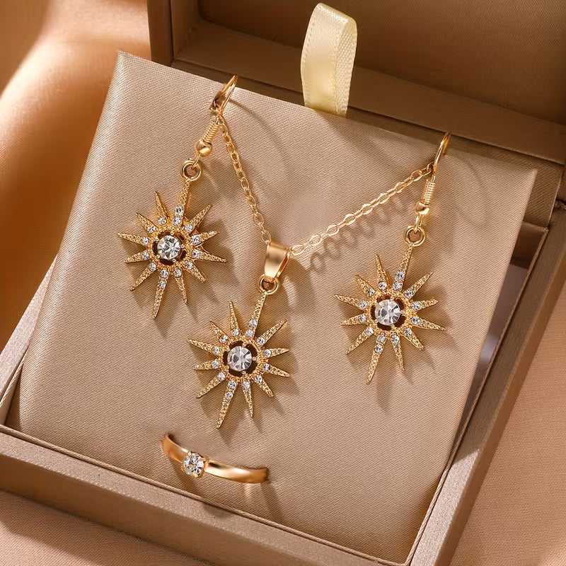 4pcs Elegant Sun Pendant Jewelry Set Luxurious Rhinestones.