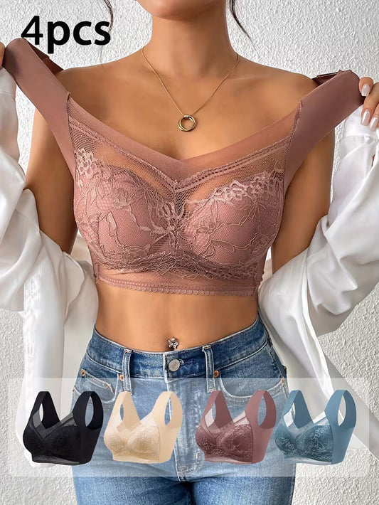 4pcs Mixed Color Lace Bras.