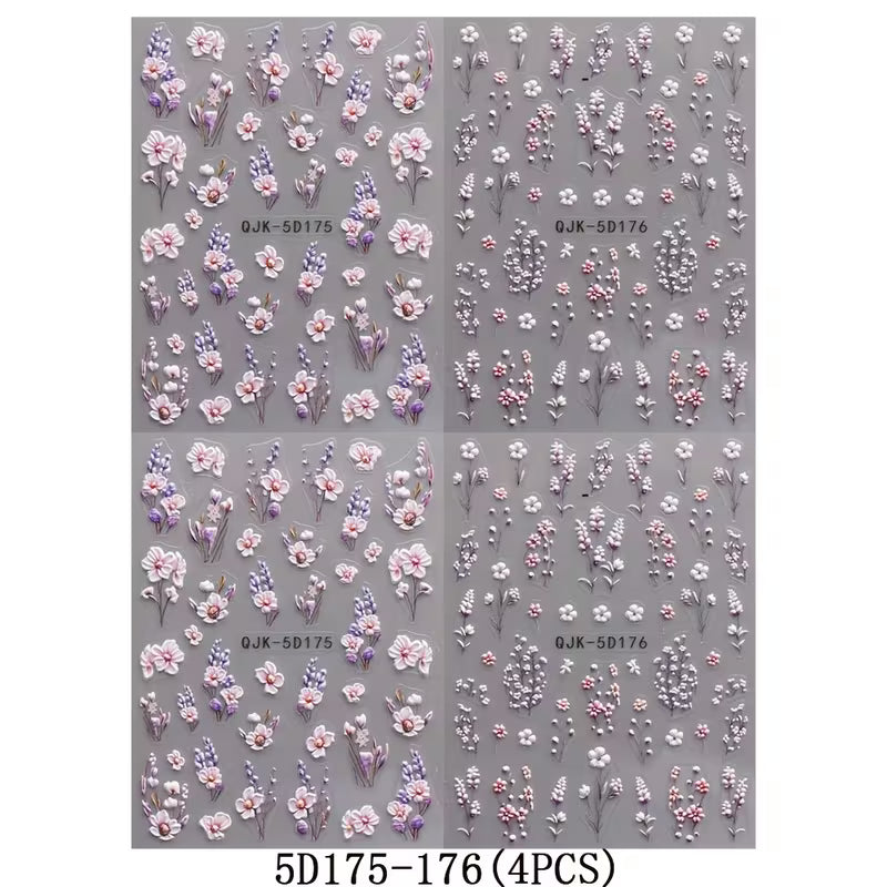 4pcs Purple Floral Nail Stickers Spring Summer 5D Embossed Acrylic Nail Decals Set.