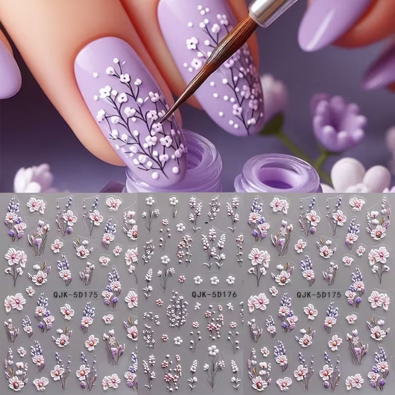 4pcs Purple Floral Nail Stickers Spring Summer 5D Embossed Acrylic Nail Decals Set.