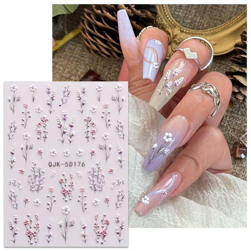 4pcs Purple Floral Nail Stickers Spring Summer 5D Embossed Acrylic Nail Decals Set.