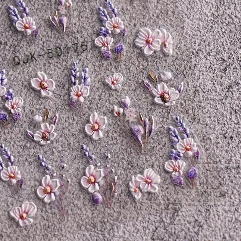 4pcs Purple Floral Nail Stickers Spring Summer 5D Embossed Acrylic Nail Decals Set.
