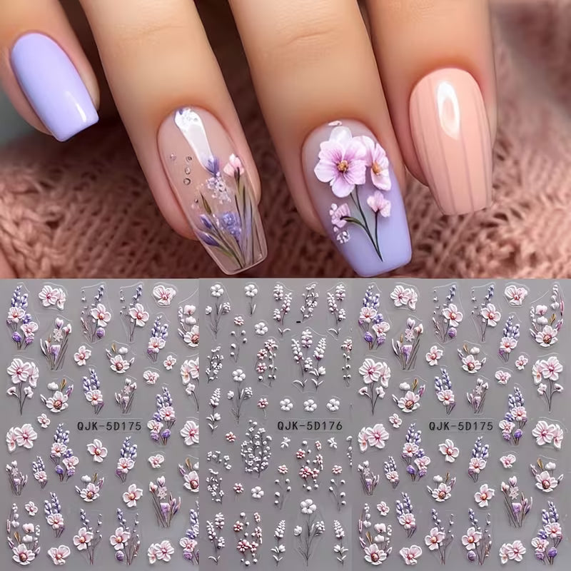 4pcs Purple Floral Nail Stickers Spring Summer 5D Embossed Acrylic Nail Decals Set.