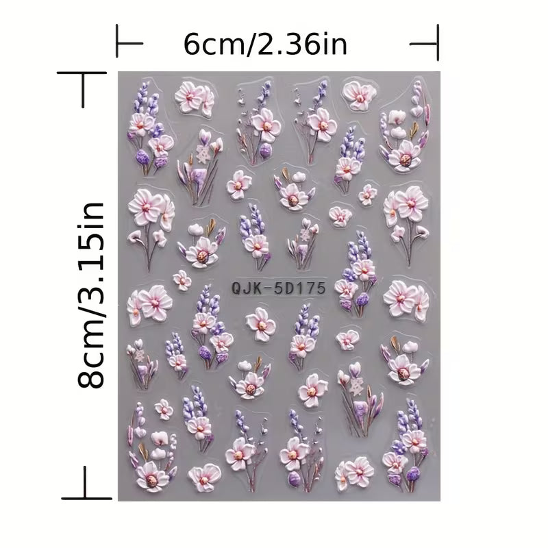 4pcs Purple Floral Nail Stickers Spring Summer 5D Embossed Acrylic Nail Decals Set.