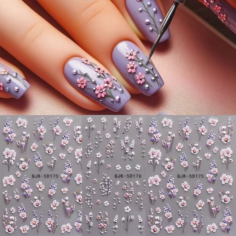 4pcs Purple Floral Nail Stickers Spring Summer 5D Embossed Acrylic Nail Decals Set.