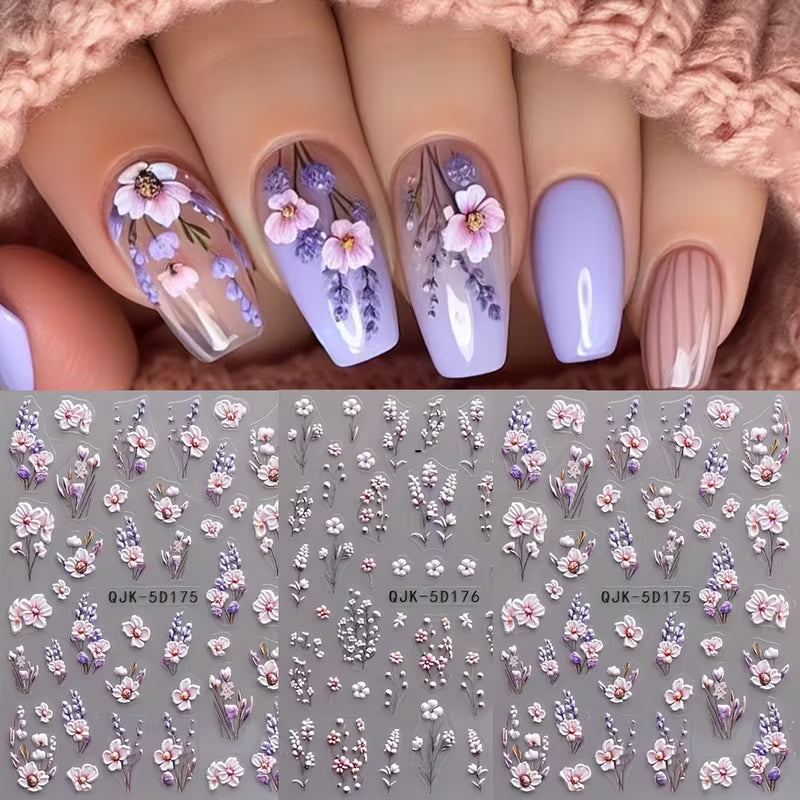 4pcs Purple Floral Nail Stickers Spring Summer 5D Embossed Acrylic Nail Decals Set.