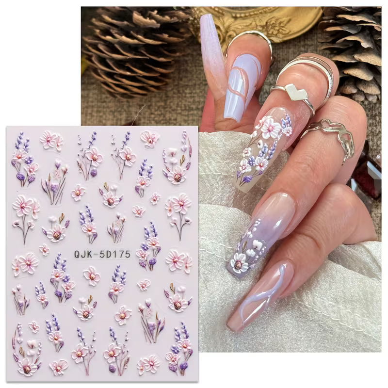 4pcs Purple Floral Nail Stickers Spring Summer 5D Embossed Acrylic Nail Decals Set.