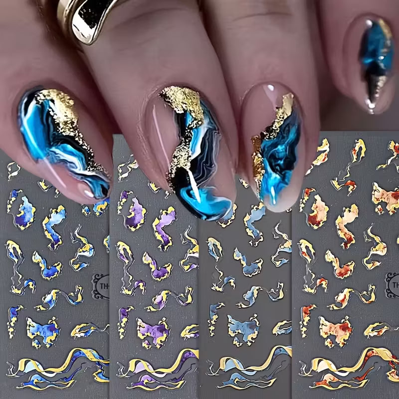 4pcs Self-Adhesive Shiny 3D Golden Wave & Marble Nail Stickers.