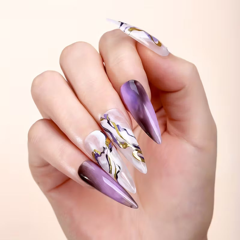 4pcs Self-Adhesive Shiny 3D Golden Wave & Marble Nail Stickers.